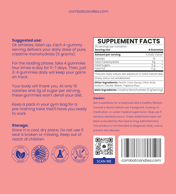 Combat Candy Strawberry Creatine Gummies - 120 Count - Delicious Creatine
